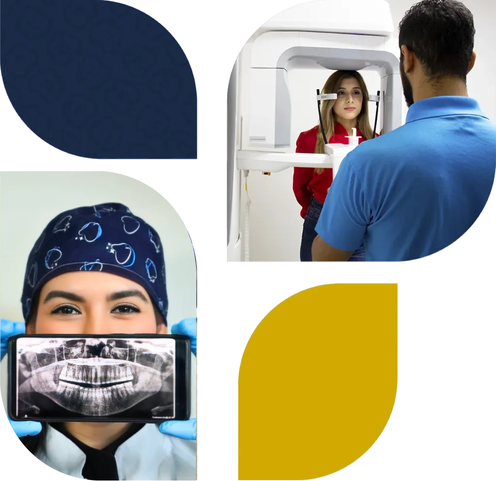Un collage de una clínica dental con radiografías digitales y un escaneo dental en proceso.